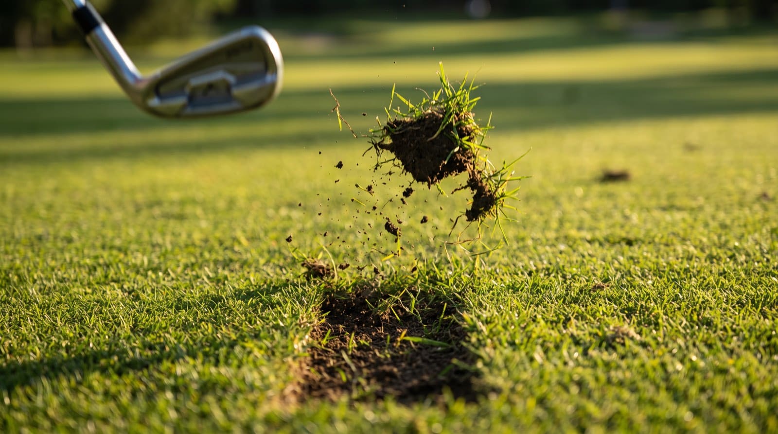 An iron clubhead sweeping away in motion just after impact while the divot it cut hangs in the air above the fresh, shallow scar it left in the fairway turf, backlit by low evening sun.