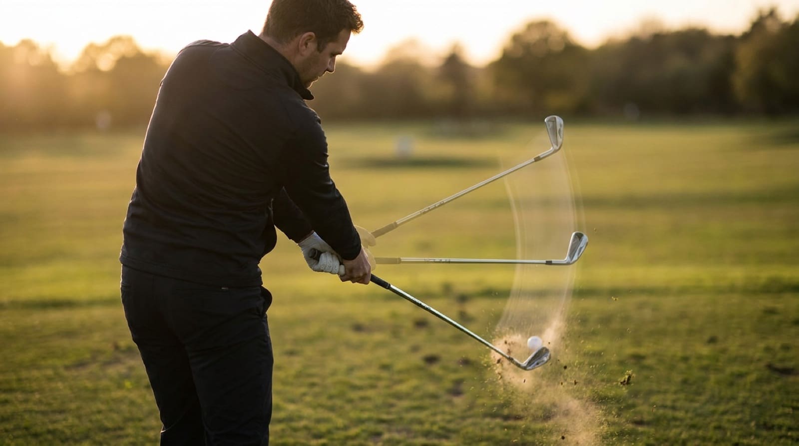 A golfer striking a mid-iron at golden hour, captured as a multi-exposure sequence with three ghosted club positions tracing the clubhead arc through impact as turf sprays forward ahead of the ball.