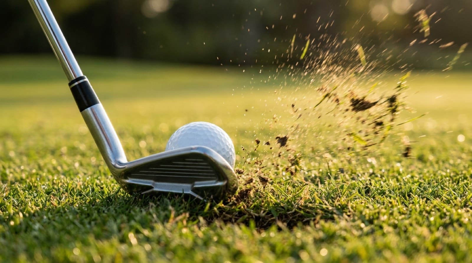Iron striking the golf ball first and taking a divot that starts ahead of the ball, showing a forward low point.
