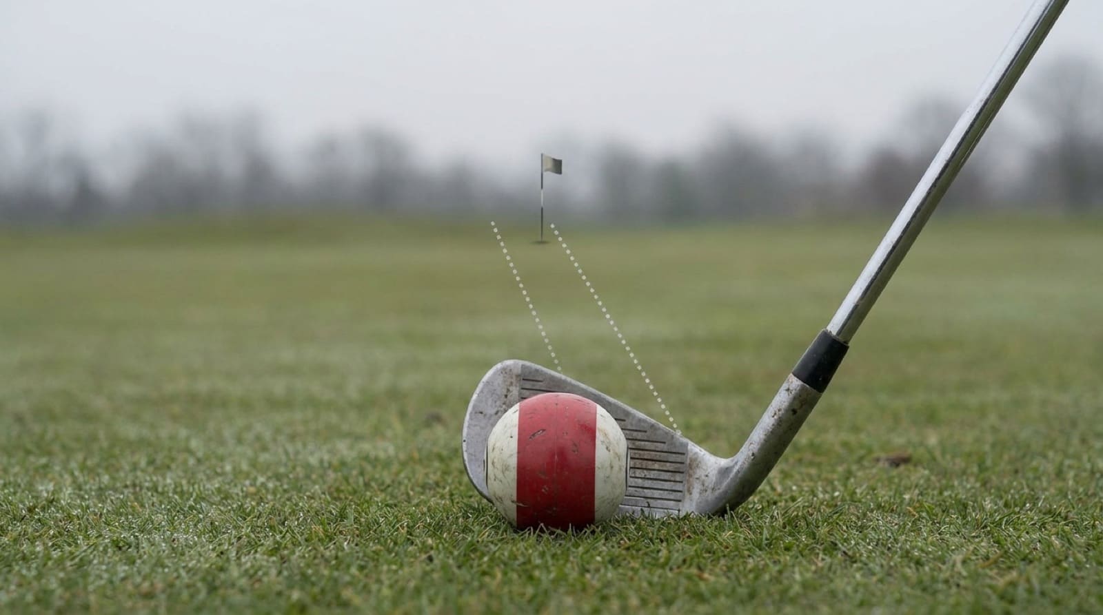 A red-striped range ball at address behind an iron clubhead on an overcast fairway, with faint dotted flight lines rising toward a distant flagstick, illustrating the start line of a pulled shot.