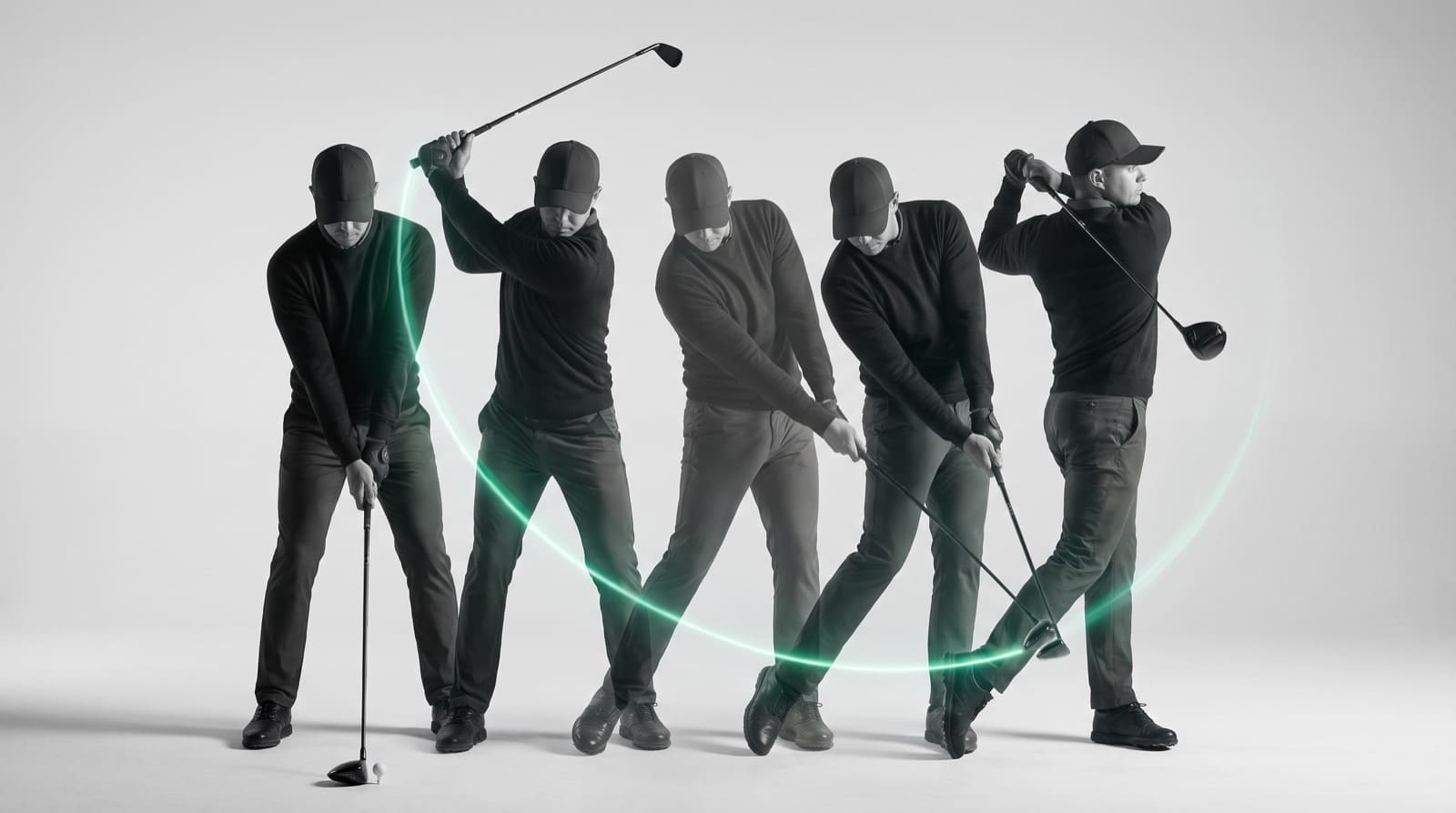 A stroboscopic side-on study of one golfer's swing in five positions from setup to finish, connected by a green arc, showing the swing as one continuous sequence.