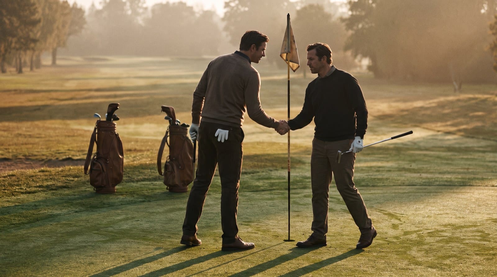 Two golfers shaking hands beside the flagstick on a green in low late-afternoon light, bags left standing on the fringe, with the closing holes of the course empty behind them