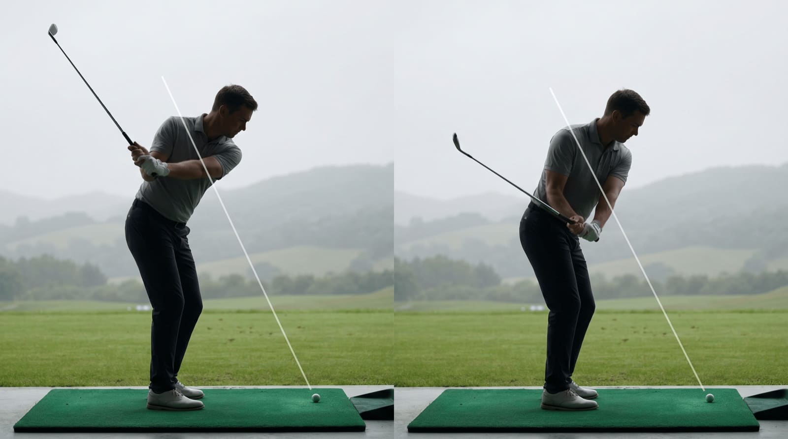 Down-the-line comparison of two golfers in the downswing with the lead arm parallel to the ground: on the left, an over-the-top move with the club shaft thrown above the swing-plane line and the hands pushed out toward the ball, sending the club across an out-to-in path; on the right, the club dropped into the slot below the plane line with the trail elbow in front of the trail hip, delivering a neutral, in-to-out path.