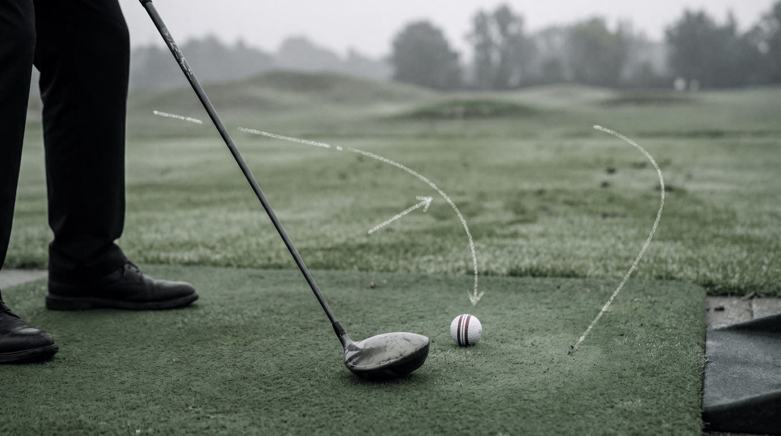 Down-the-line view of a golfer mid-downswing on a practice range with a swing-plane reference line, illustrating the club's path relative to the target line.