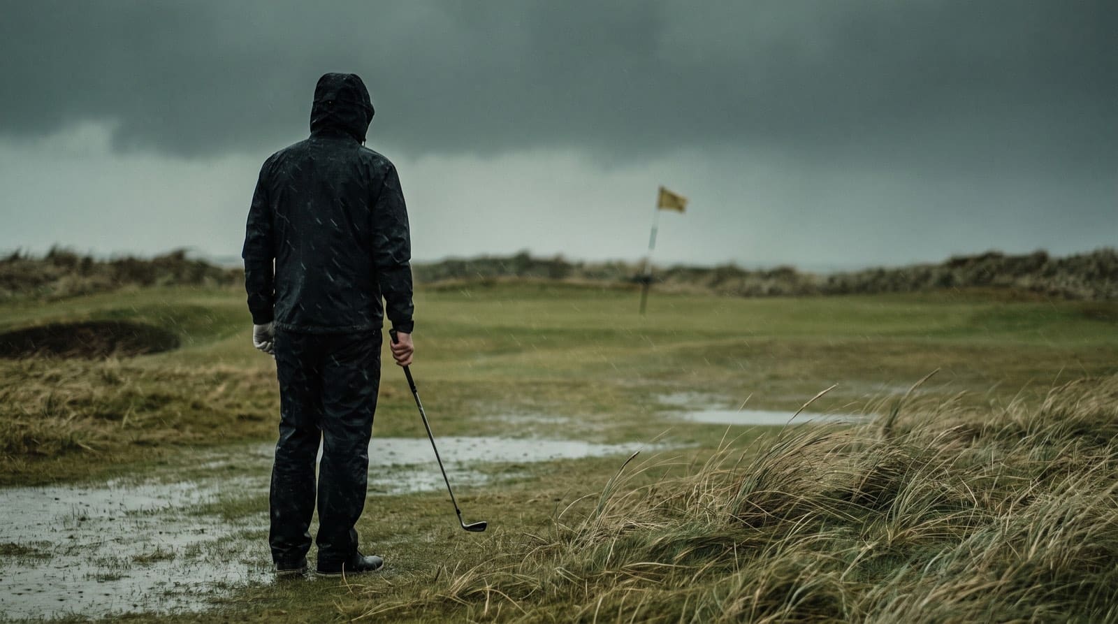 A golfer in a hooded rain suit stands on a waterlogged links fairway holding an iron at their side, looking toward a distant green where the flagstick streams sideways in strong wind, under a dark storm sky with rain falling and marram grass flattened by the gusts