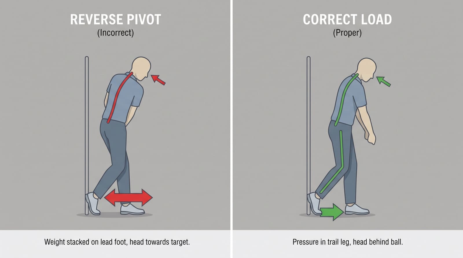 Two-panel comparison at the top of the backswing: on the left, a reverse pivot (red spine line) with weight stacked on the lead foot and the head tilted toward the target; on the right, a correct load (green spine line) with pressure in the trail leg and the head behind the ball.