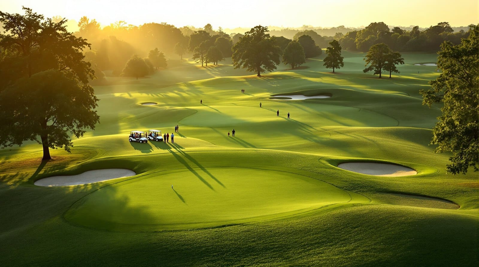 Elevated early-morning view across a rolling parkland golf course in low golden sunlight, with mist in the far treeline and long shadows stretching over dew-covered fairways. A group of golfers stands beside two parked white golf carts on a tee in the middle distance, and several other small groups are spread across separate holes further away, all of them standing still rather than playing.