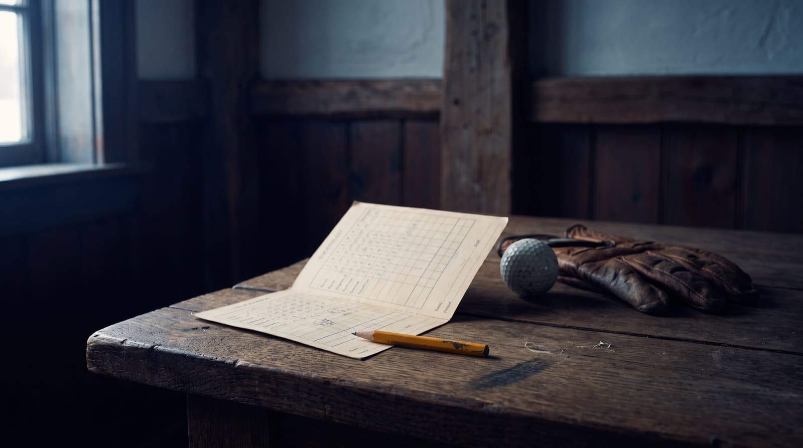 An open paper golf scorecard propped on a weathered oak table in a dim clubhouse, a yellow pencil lying across it, with a scuffed golf ball and a worn leather glove beside it in low side light