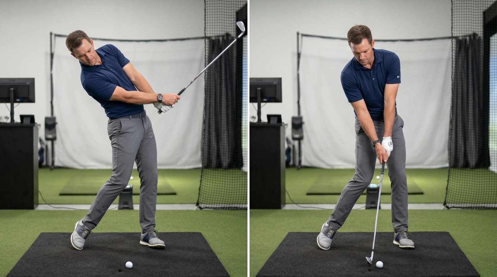 Face-on comparison of a golfer at impact in two positions: on the left, hanging back with weight stuck on the trail foot and the head behind the ball; on the right, posted up on a braced, straightening lead leg with the trail heel lifted and the chest centered over the ball, weight driven onto the lead side.