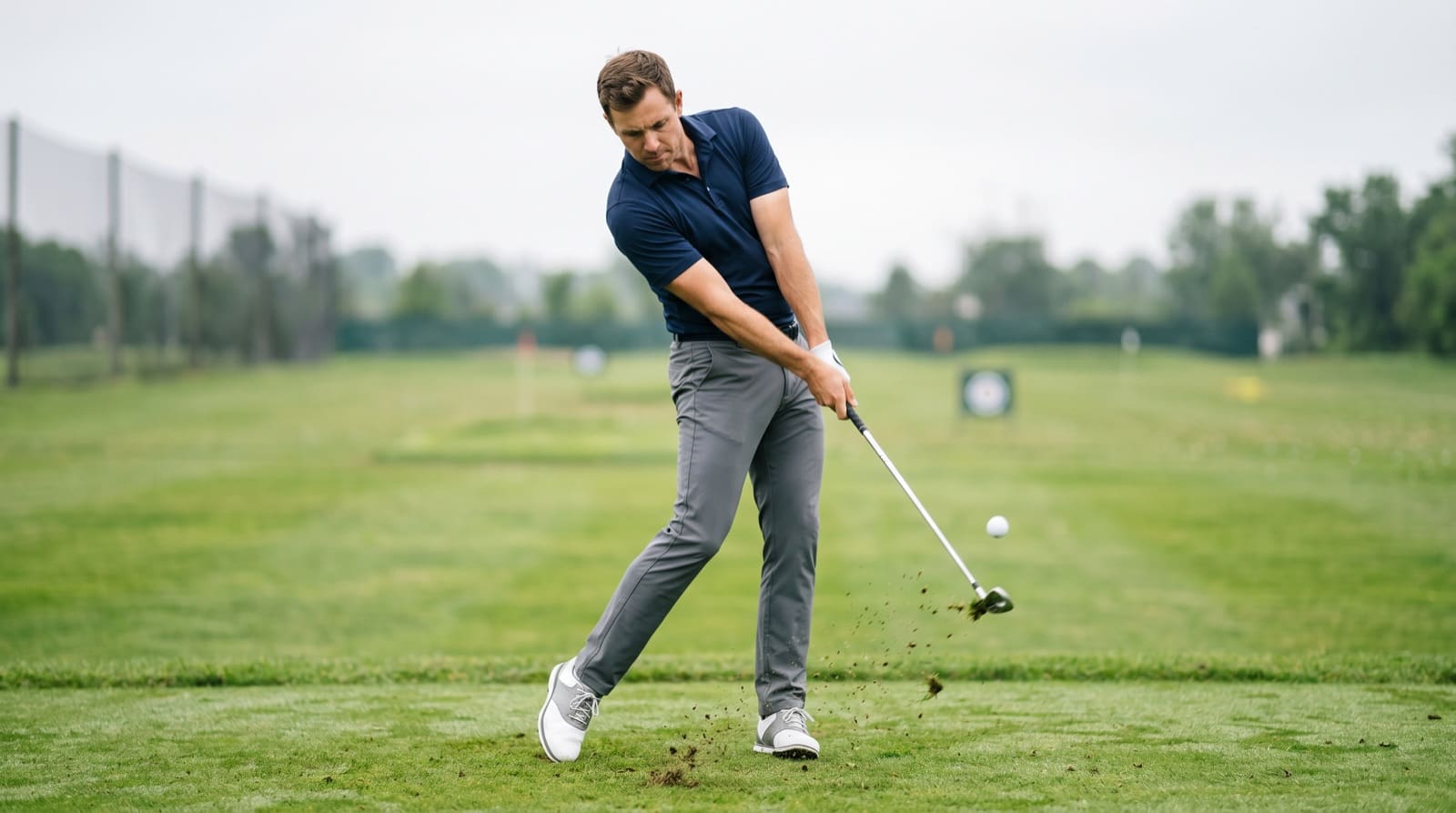 Face-on view of a golfer posted up on a braced lead leg through impact, trail heel off the ground, showing pressure shifted onto the lead foot.